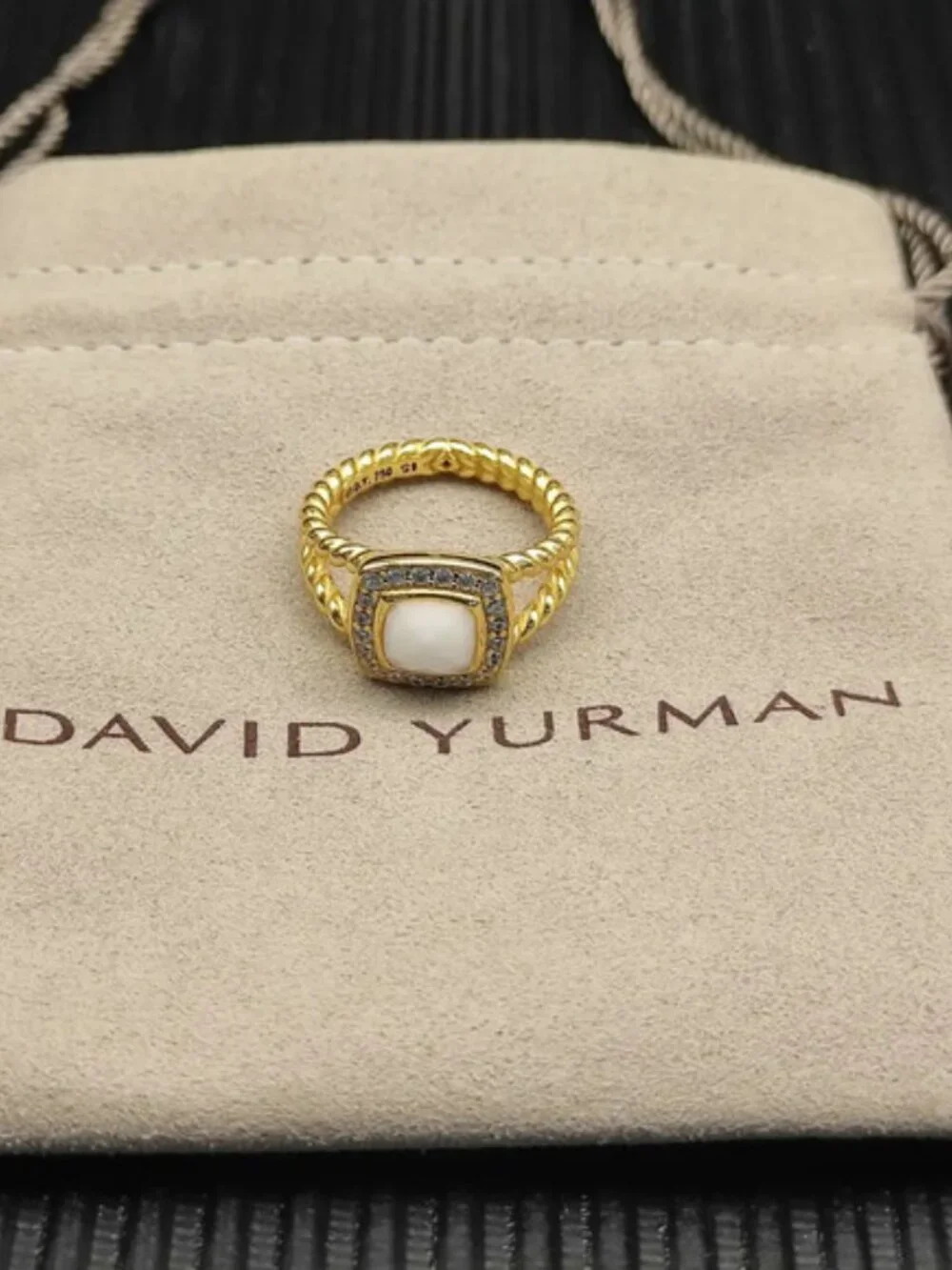 David Yurman White Agate and Gold Square Diamond Ring